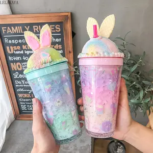 Bunny Ears Cup Freezer Mug Rabbit Ice Cream Insulated 450ML Coffee Bottle Drink Drinking Water Bottle With Straw Tumbler