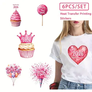 6-Piece New Year Heat Transfer Stickers Set, Perfect for DIY Crafts & Gifts, Ideal for T-Shirts, Bags, Pillows, Fun Holiday Designs