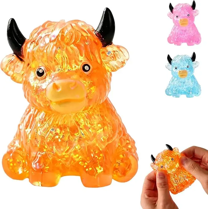 Glitter Highland Cow Squishy Toy - Soft Squeeze Stress Relief Fidget Toy