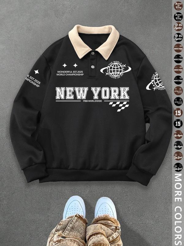 Unisex Y2K Style New York Letter Print Polo Sweatshirt, Thick Retro British Aesthetic Lamb Wool Collar Pullover for Streetwear Casual Wear