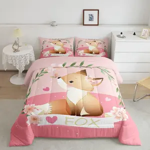 Feelyou Brushed Microfiber Fox Print Comforter Set - Multi-Size (Twin, Full, Queen), Breathable Fabric, Pink Kawaii Animal Floral Bedding, All-Season Cozy Soft Duvet, Travel-Ready