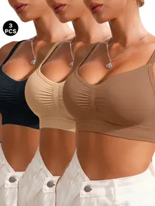 3pcs Soft Breathable Seamless Bralettes, Full Coverage Medium Support, Sporty Lingerie for All Seasons, Detachable Pads, Hidden Back Fat Control
