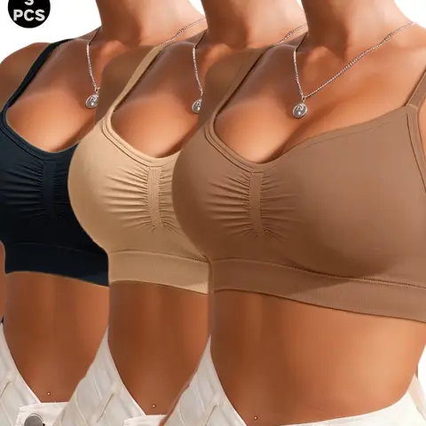3 Counts Soft Breathable Seamless Bralettes with Detachable Pads, Full Coverage Medium Support, Ultimate Sports Bra Pack, Hidden Back Fat Control, Exercise Bra for Yoga & Gym, Sporty Lingerie for All Seasons, Workout Bras