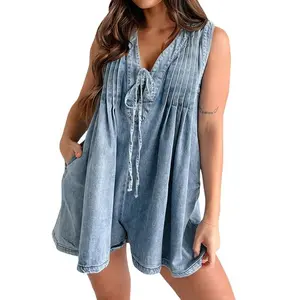 Women's Demin Tank Top Jumpsuit, Loose Pleated Tie Front V Neck Sleeveless Shorts Romper with Pockets, Ladies Summer Overalls for Daily Wear, Women's Outfits