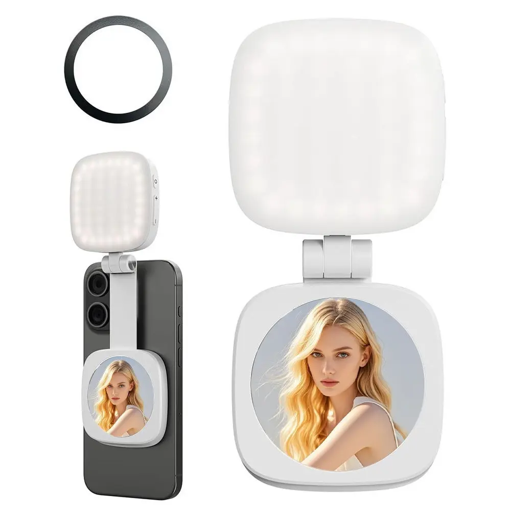 Magnetic Selfie Light Compatible with MagSafe for iPhone, 3-in-1 Magnetic Selfie for iPhone with Mirror, Rechargeable LED Fill Light with Mirror, Foldable Ring Light