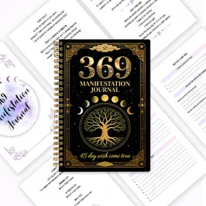 369 Manifestation Journal, black and gold luxury cover design notebook, essential for spiritual healing, contains 100 pages of scientifically guided exercises, including daily gratitude prompts, spiritual affirmations, and guided questions, activates subc