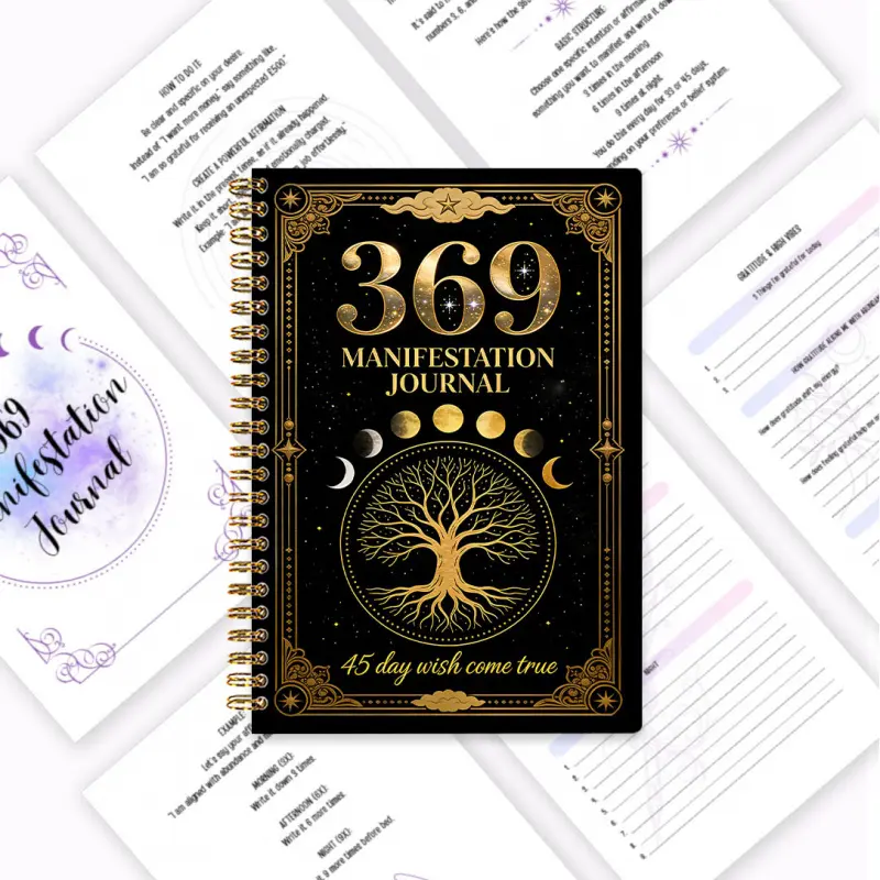 369 Manifestation Journal, Journaling Notebooks, black and gold cover design notebook, essential for spiritual healing, contains 100 pages of scientifically guided exercises, including daily gratitude prompts, spiritual affirmations, and guided questions