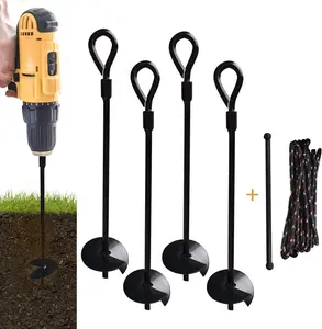 15 inch 4 Pack Ground Anchor Stakes, Dual-Purpose Heavy Duty  Augers for Tents, Canopies, Trampoline Sheds,  Ports, Swing Sets, Small Buildings (Black-4 Pack)