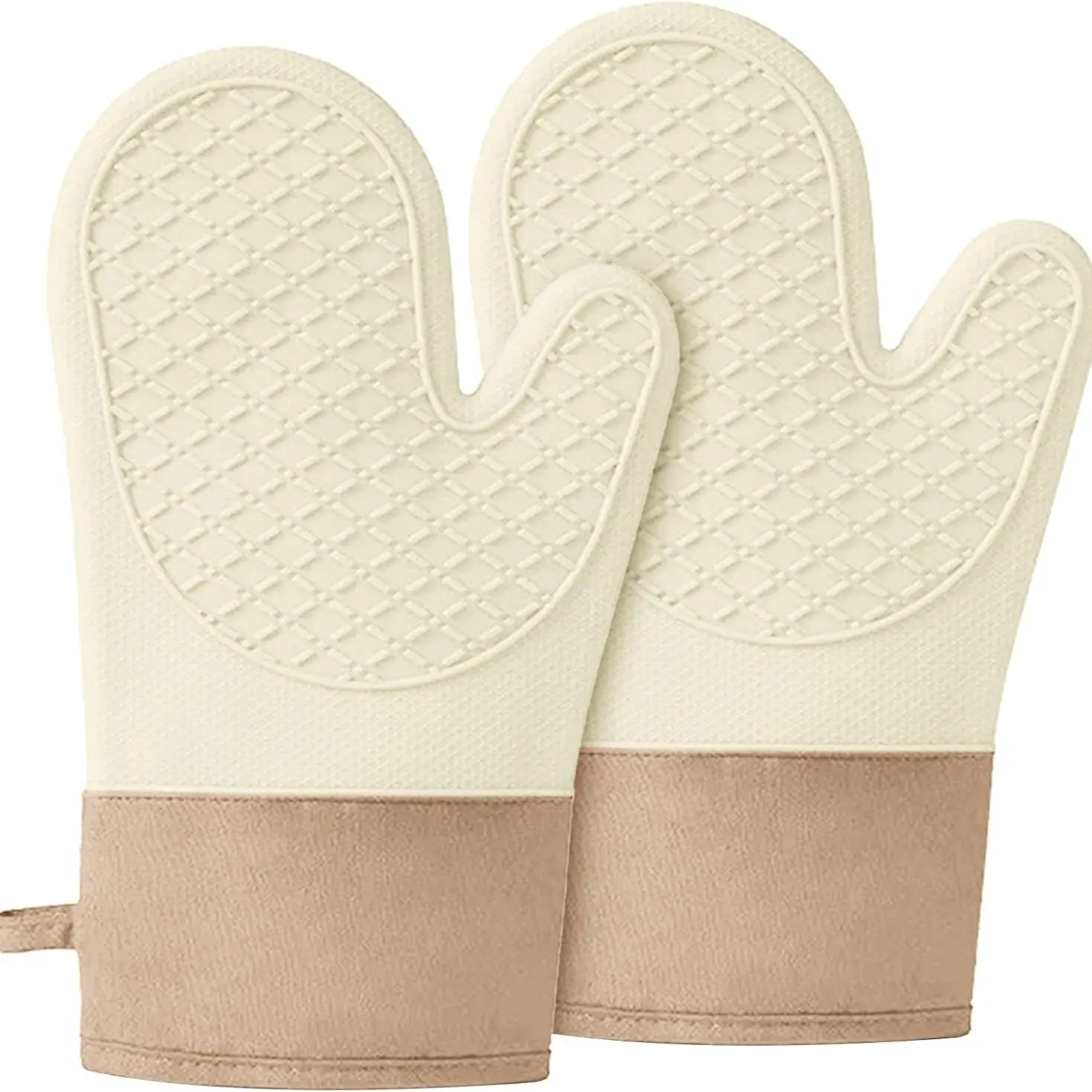 Silicone Oven Mitts (2 PCS), Kitchenware Home Waterproof Non Slip Grip Bakeware Oven Gloves with Thick Soft Cotton Lining, Universal Fit Heat Resistant Kitchen Gloves for Baking, BBQ, Cooking and Grilling - White
