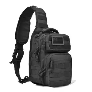 Tactical Shoulder Sling Bag Small Outdoor Chest Pack for Men Traveling, Trekking, Camping, Rover Sling Daypack Black With USA Flag Patch【shipping from US 】