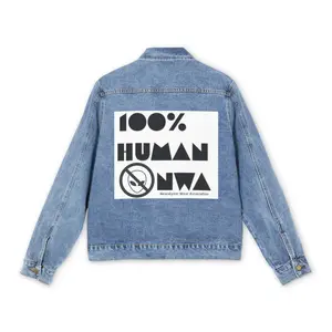 Nerualyzer Wear Association 100% Human Anti Alien Streetwear Stylish Men’s Denim Jacket with Bold 100% HUMAN Graphic, Casual Outerwear, Gift for Him, Summer Fashion, Statement Jacket