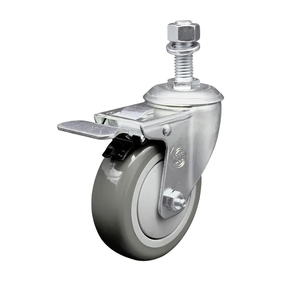 Service Caster Series #20 SCC-TSTTL20S414-PPUB-121315 Polyurethane Swivel Threaded Stem Casters, 4x1.25in Gray Non-Marring Wheel, 0.5in Stem, Total Locking Brake, 350 lbs Capacity, for Material Handling Carts, Shop Projects on Concrete/Tile/Wood