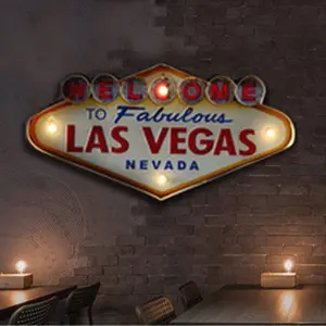 CNCEST Metal LED Sign Decorative Bar LED Metal Wall Light Sign Retro Neon Sign Welcome to Las Vegas Vintage Wall Decoration with Hooks Metal Frame for Bars Cafes and Homes Pretty Lights