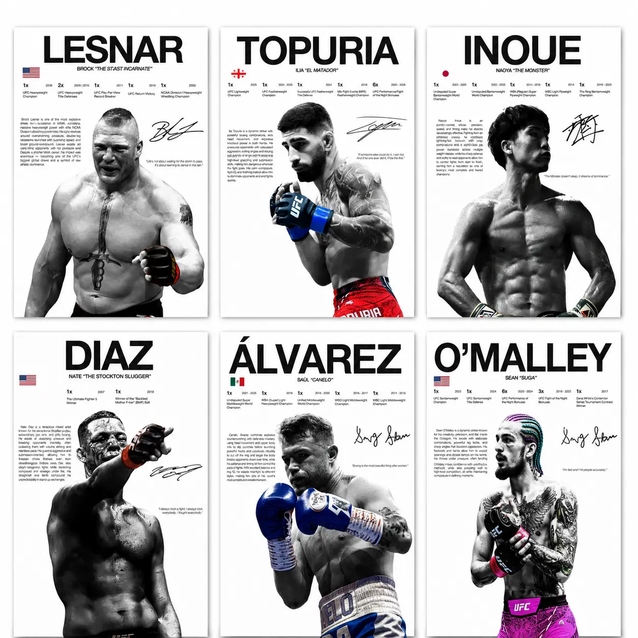 Premium UFC & MMA Fighters Canvas Poster Set - Lesnar, O’Malley, Inoue, Diaz, Alvarez, Topuria - High-Quality Printing, Fighter Motivation Gym-Home Wall Art, Collectible Gift for Sports Fans