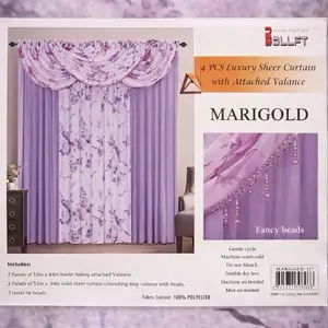 Marigold Luxury Sheer Curtain Set with Attached Valance - 2 Panels of 53"x84" Each, 2 Panels of 53"x84" Solid Sheer, 100% Polyester