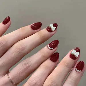 24pcs Spring Picnic Essential Wine Pearl Oval Nails, Reusable Jelly Glue, No Damage, Perfect for Parties and Daily Use, Fake Nails Kit