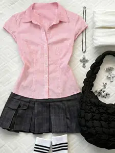 Y2K slim fit and fashionable vertical striped short sleeved collared women's Blouse, shirt, Top