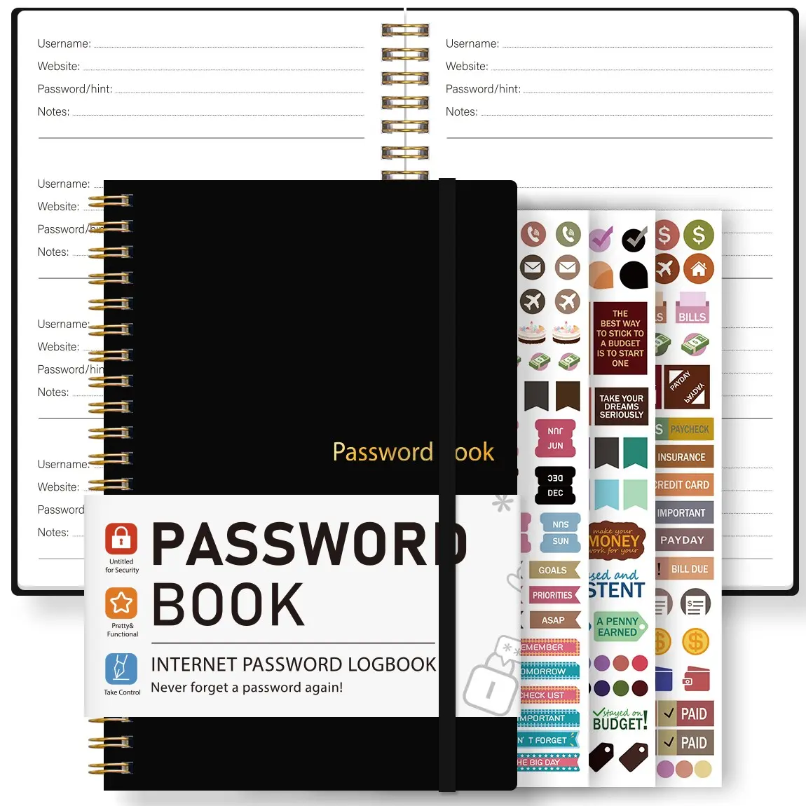 A5 Password Journal, Dual Coil Binding with Elastic Band, Password Management Notebook, Includes Stickers, Website Account Login Tracker