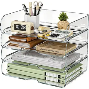 Clear Office A4 Paper Desk Organizer, Acrylic Desktop Organizer for A4 File Folder Stackable, Large Capacity Desk Paper Holder, Organizer for Office File, 4 Tier Horizontal Style