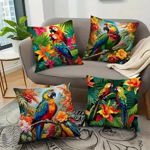 Bird & Tropical Plant Pattern Cushion Cover, 4 Counts/set Square Throw Pillow Cover, Household Decoration Supplies for Home Living Room Sofa
