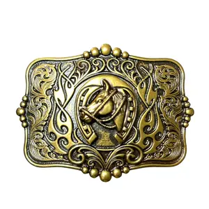 Vintage Western Horse Head Belt Buckle - Bridled Equine Cowboy Rodeo Antique Brass Floral Design - 3.5" x 2.75" Fits 1.5" Belts