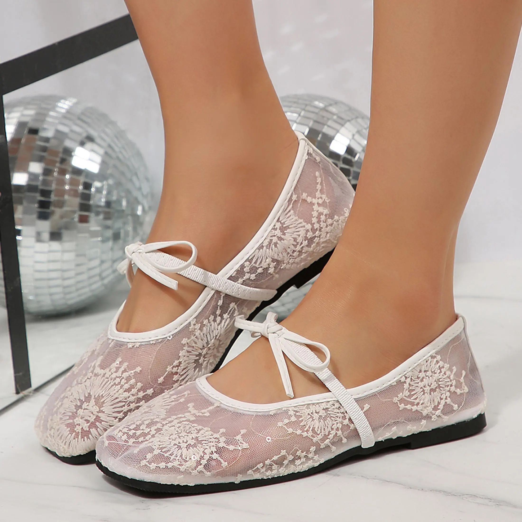 Women's Bowknot Flats Lace Up Square Toe Ballet Ballerina Flats Slip On Comfortable Dressy Shoes