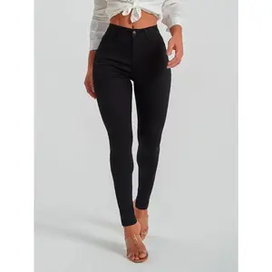 Basic Waisted Back Side Pocket Stretchy Knit Denim Casual Leggings Jeans Bottoms Women's Black Slim Fit Everyday Wear Minimalist Style