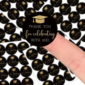 120pcs/10sheets Black Gold Graduation Thank You Stickers, "Thank You For Celebrating With Me" Round Dot Stickers, Graduation Party Favors Stickers For 2026 Grad, High School College, Gift Wrapping, Envelope Seals