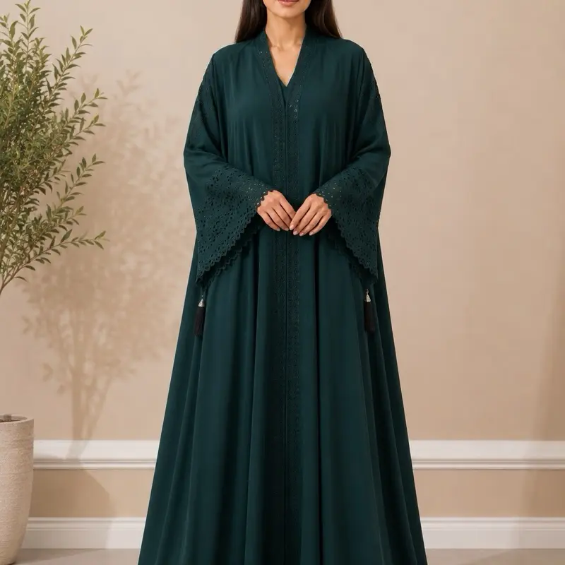 Women's Islamic Abaya - Open-Front Button-Down Dubai Muslim Dress, Islamic Modesty Clothes, Elegant Cutwork Sleeves, Rhinestone-Embellished Traditional Modest Outfit (Size M/54)