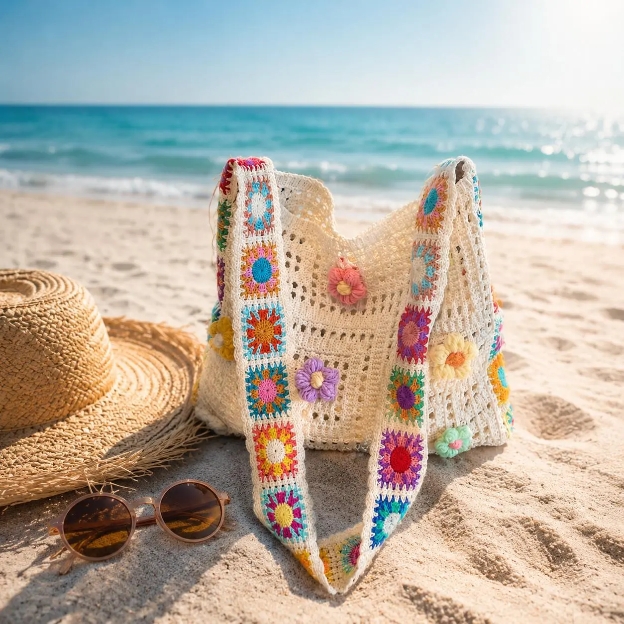 Boho Floral Crochet Casual Crossbody Shoulder Bag, Handmade 3D Flower Bag for Beach Use, Casual Crossbody Bag, Crossbody Shoulder Bags