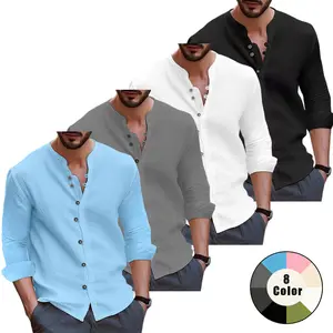 4/1 PCS Men's Henley Collar Textured Linen Long Sleeve Shirt, Regular‑Loose Fit, 95% Linen Breathable Summer Casual Blouse