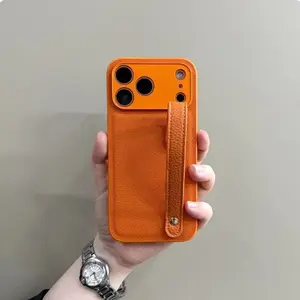 Minimalist Solid Color Leather Wrist Strap Phone Case for iPhone 17 Pro 16 Pro 15