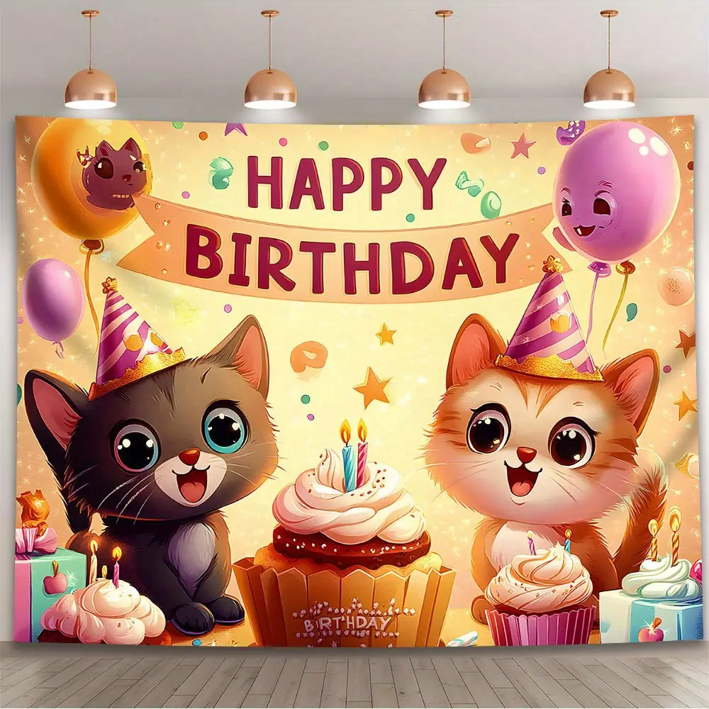 1pc Glam Durable Cartoon Cat Animal Birthday Backdrop Banner - Hangable Whimsical Home Decor, Soft Vibrant Polyester Fabric Wall Decor, Easy-to-Hang Design with Balloons & Cupcakes for Indoor/Outdoor Party Ornaments