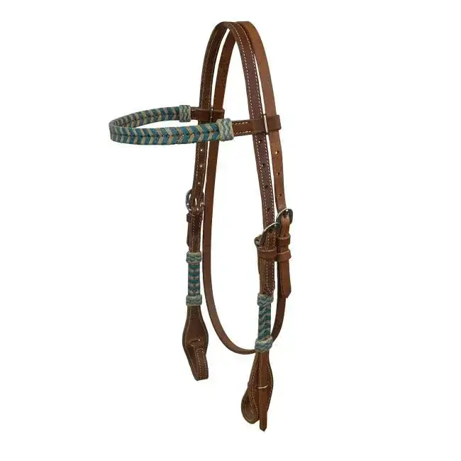 Argentina Cow Leather Browband Headstall With Teal Rawhide Accents