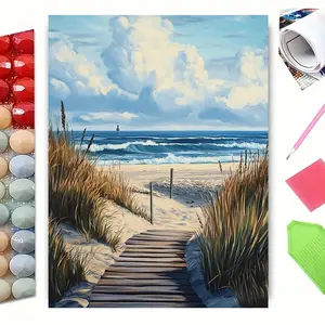 5D Full Drill Diamond Painting Kit, Serene Coastal Boardwalk to Beach with Ocean Waves & Lighthouse Art for Home Wall Decor, DIY Craft with Sparkling Rhinestones, Canvas & Tools, Perfect for Nautical & Summer Themed Decoration