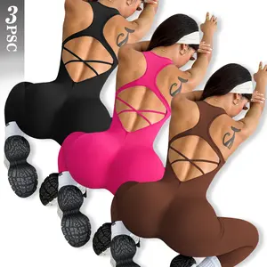 TCVC Seamless Ribbed Jumpsuit for Women, Backless Crisscross One Piece Bodysuit, High Waist Tummy Control Yoga Jumpsuit, Workout Gym Activewear for Fitness Running