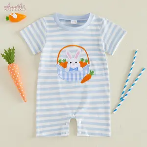 Baby Boy Easter Romper Short Sleeve Round Neck Bunny Carrot Embroidery Jumpsuit Newborn Playsuit