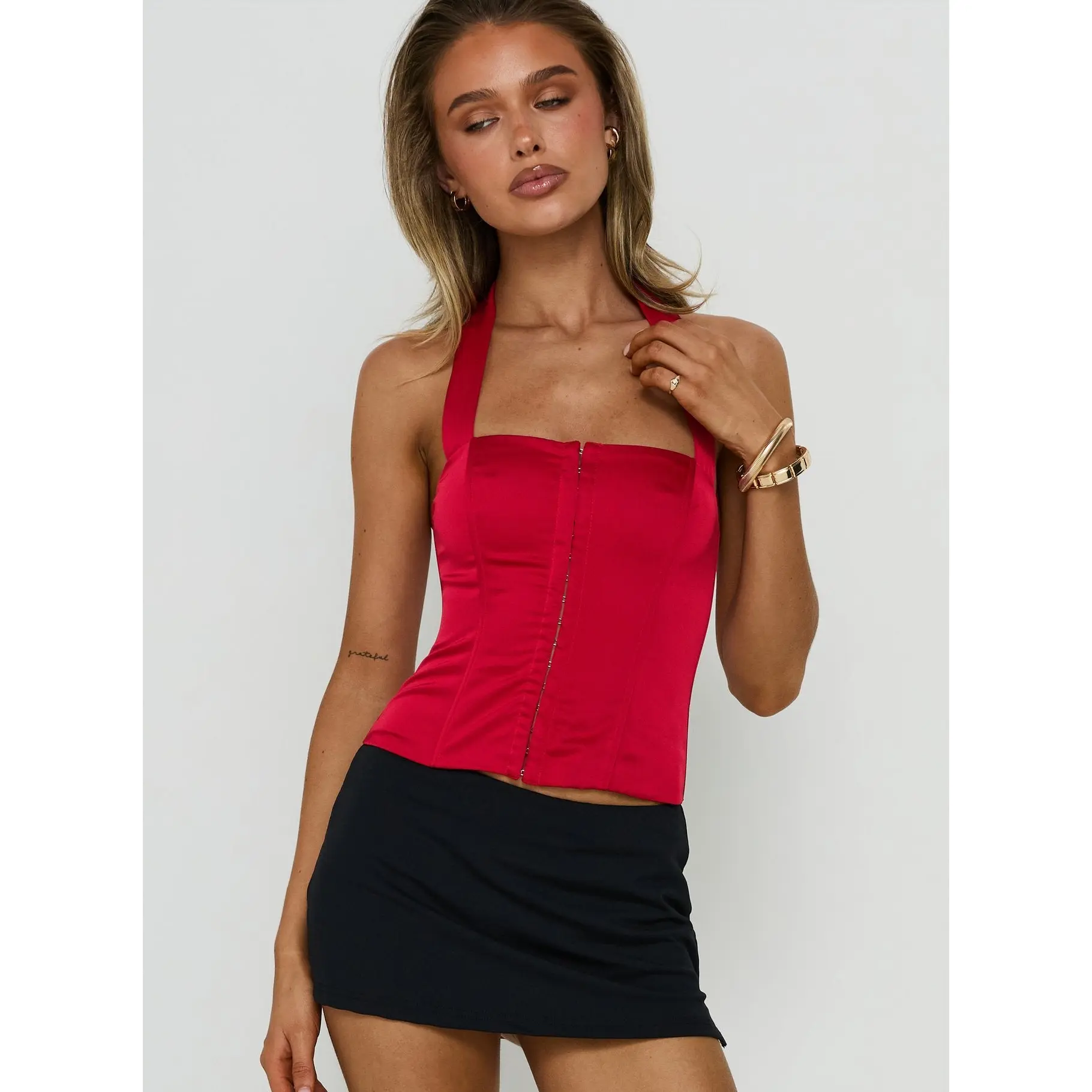 Gabriela Satin Halter Corset Top Red