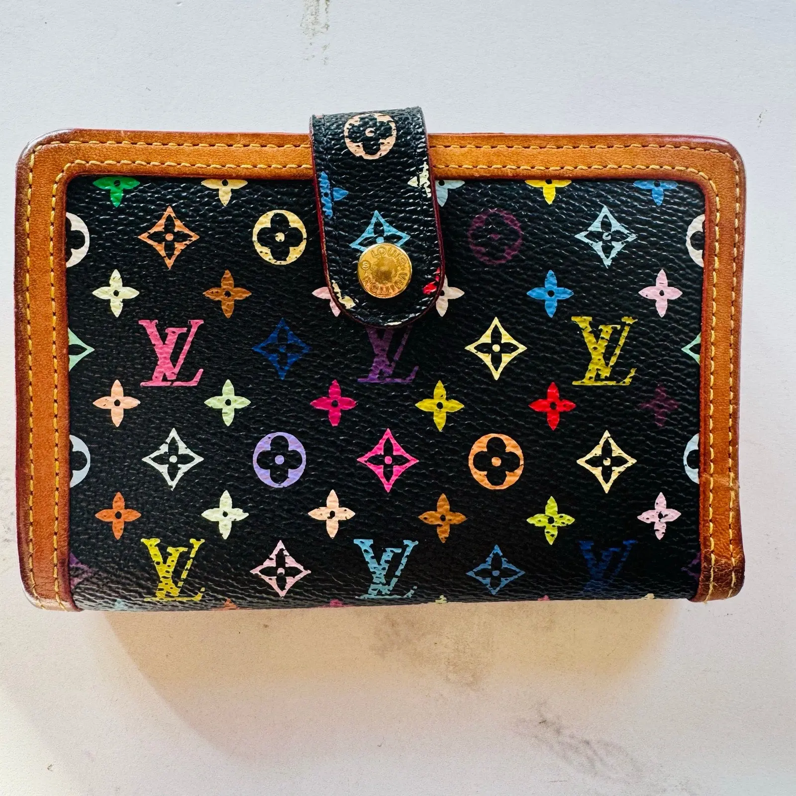Pre-owned Louis Vuitton FINAL SALE Small Leather Goods Takashi Murakami Monogram Multicolor Noir French Purse Wallet