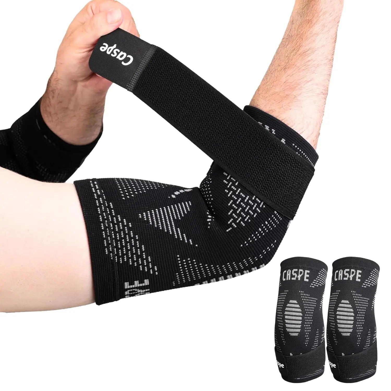 Caspe 2-Pack Elbow Compression Sleeves with Adjustable Straps - Breathable Arm Sports Sleeves & Support, Non-Slip Elbow Wraps for Weightlifting, Men’s Workouts