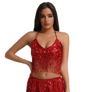 Belly Dance Tops, Halloween European and American Sequin Performance Tops, Belly Dance Fringe Tops for Stage Parties