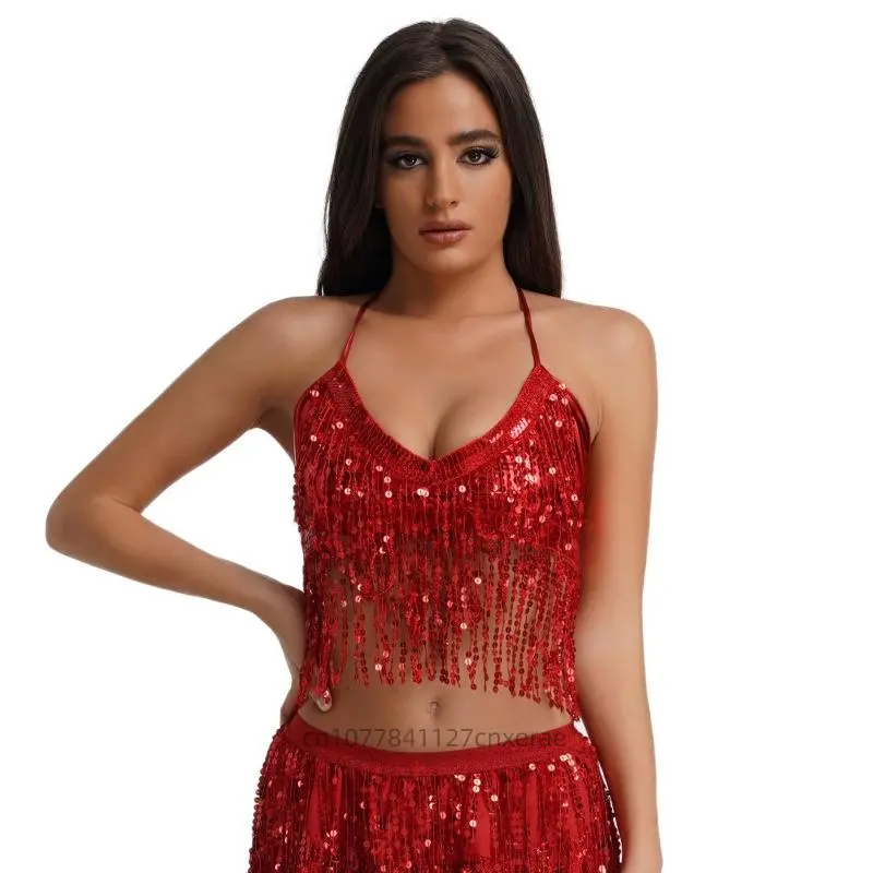 Belly Dance Tops, Halloween European and American Sequin Performance Tops, Belly Dance Fringe Tops for Stage Parties