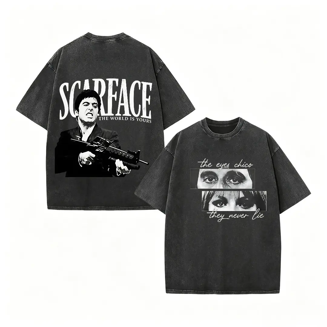 Women's 90s Retro Scarface Tony Montana Double-Sided Graphic T-Shirt, Vintage Washed Casual Crew Neck Short-Sleeve Unisex Streetwear Top for Outdoor Daily Wear