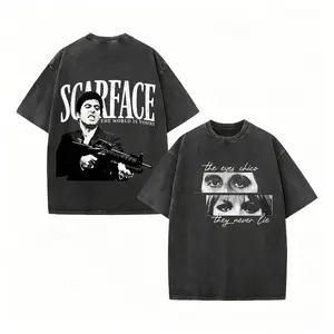 90s Retro Movie Scarface Tony Montana Tee |   Vintage Washed Crew Neck Casual T-Shirt |   Double Sided Graphic Streetwear Top For Outdoor Daily Wear Unisex
