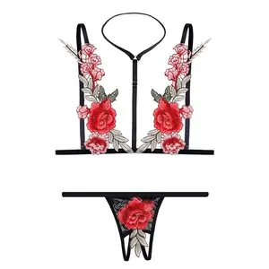 Women's Sexy Rose Embroidered Lace Lingerie Set, Halter Strap Open Cup 2-Piece Outfit with Matching Panty, Seductive Passion Bedwear, Perfect for Valentine's Day, Romantic Dates & Bridal Wear, All Seasons Alluring Intimates