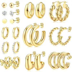 BESTEEL 12 Pairs Chunky Gold Hoop Earrings Set for Women Trendy Hypoallergenic 14K Gold Plated Thick Stainless Surgical Steel Stud Huggie Earring Stacks Pack Jewelry for Sensitive Ears