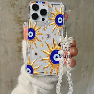Golden Sun Evil Eye Phone Case Y2K Aesthetic Shockproof Wear-resistant with Bow Charm Strap for iPhone11-17promax Compatible IPhone11/12/13/14/15/Promax16/16Promax/16pro/16plus Accessories, Cover