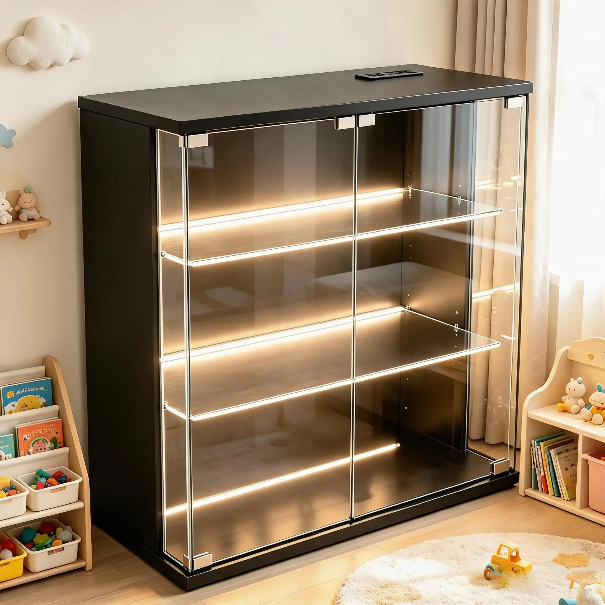 3-Tier Rectangular Curio Style Display Cabinet, Tempered Glass, Engineered Wood, Adjustable Shelves, RGB App Control LED Light, Magnetic Doors, Anti-Tippling Device