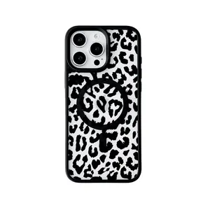iPhone Premium Black Leopard Print Frosted Magnetic Case Shockproof Protective Cover Simple Trendy Aesthetic Design Unique Smartphone Casing Cellphone Protection Protector Screen Protector