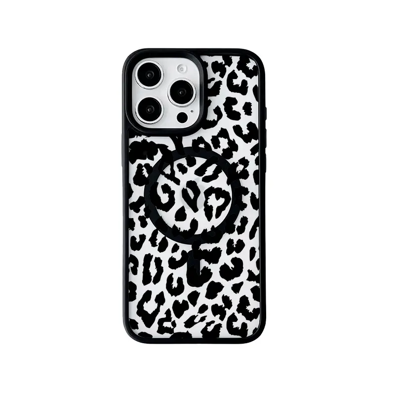 Premium Black Leopard Print Frosted Resin-Silicone Metal Flip Casing Cover for iPhone Series Smartphones, Shockproof, Anti-Fingerprint, Non-Slip Cellphone Accessory with Long-Lasting Materials, Trendy Unique Design, Customized Screen Protector